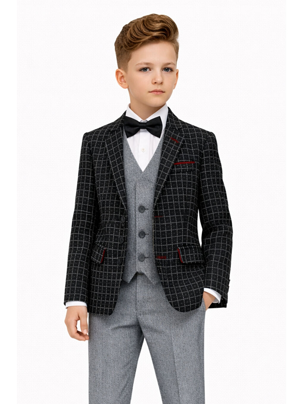 Siyah Erkek Çocuk Slim Fit Dokulu Çizgili Spor Takım Elbise AK195-196-2