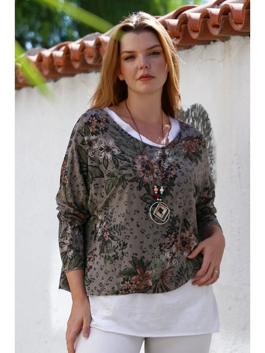 Bej İtalyan Vizon Havuz Yaka Uzun Kol Desenli İnce İkili Set İçi Kolsuz Penye Triko Bluz 70 60