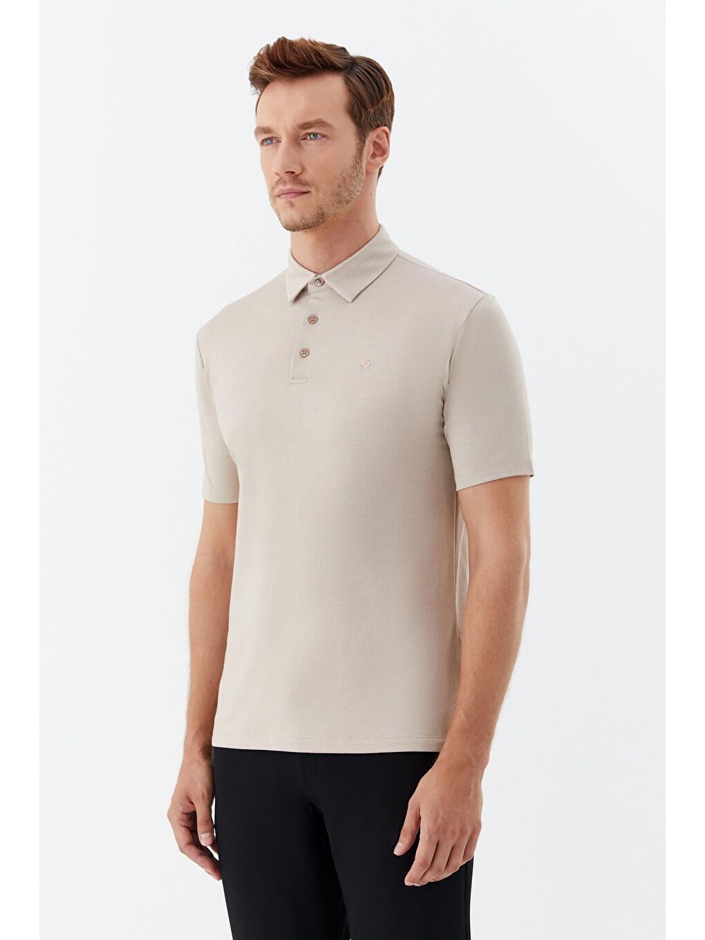 Bej Erkek Taş Dar Kesim Slim Fit Pamuklu Dokuma Polo Yaka Tişört-2