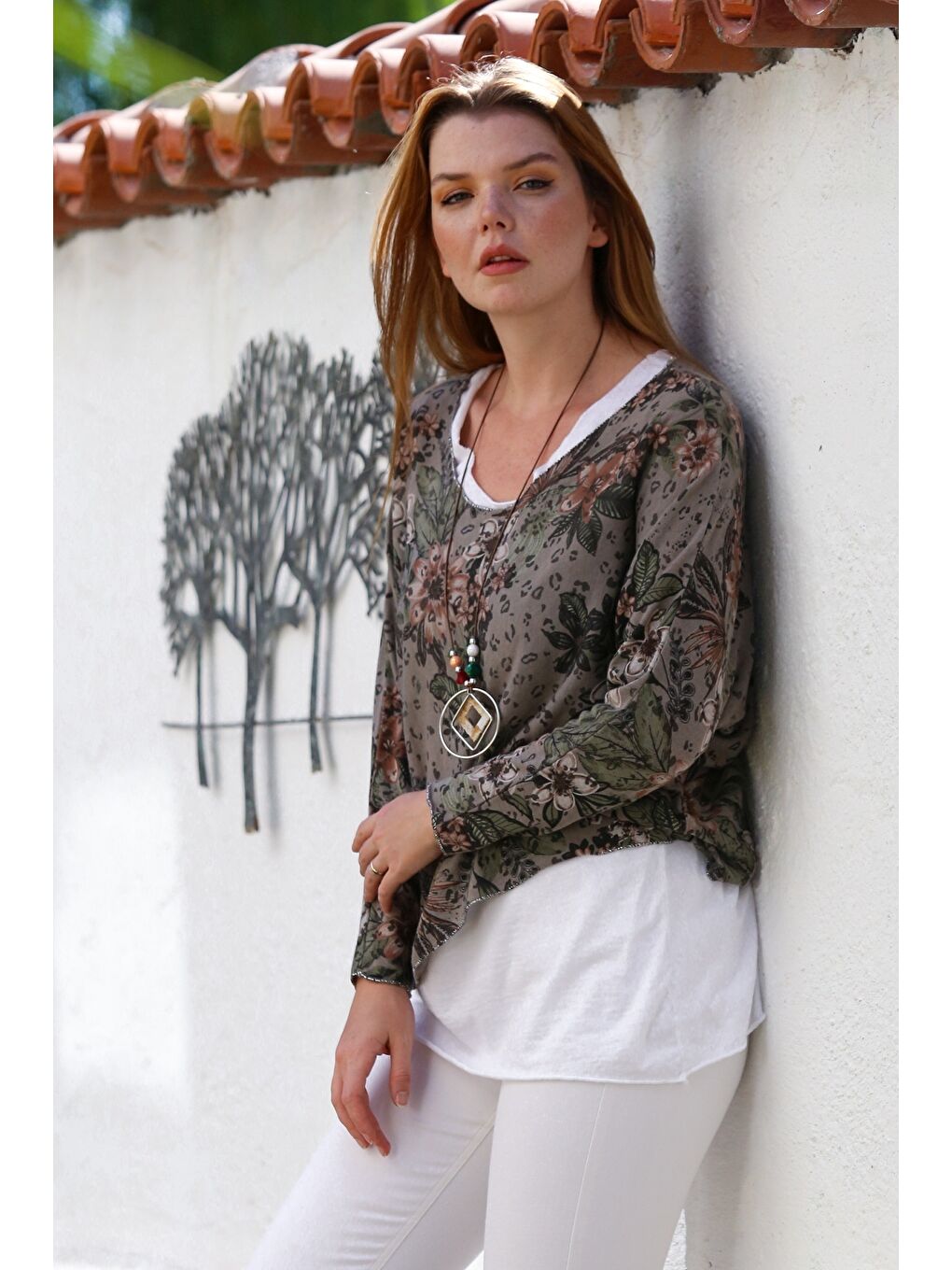 Bej İtalyan Vizon Havuz Yaka Uzun Kol Desenli İnce İkili Set İçi Kolsuz Penye Triko Bluz 70 60-2