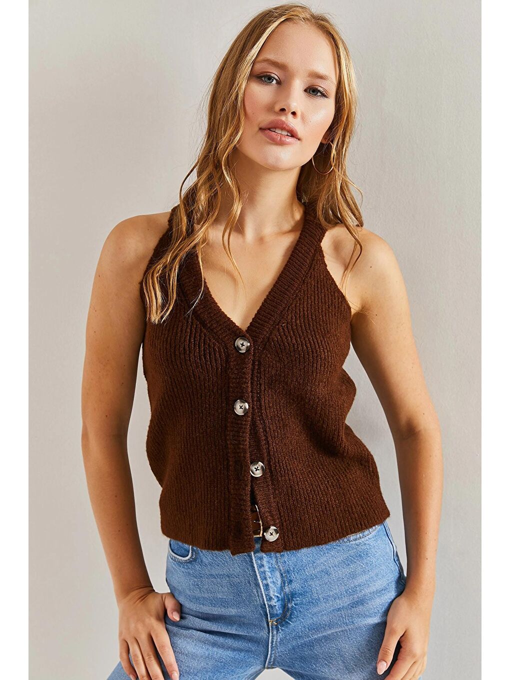 Kahverengi Kadın Düğmeli Triko Hırka