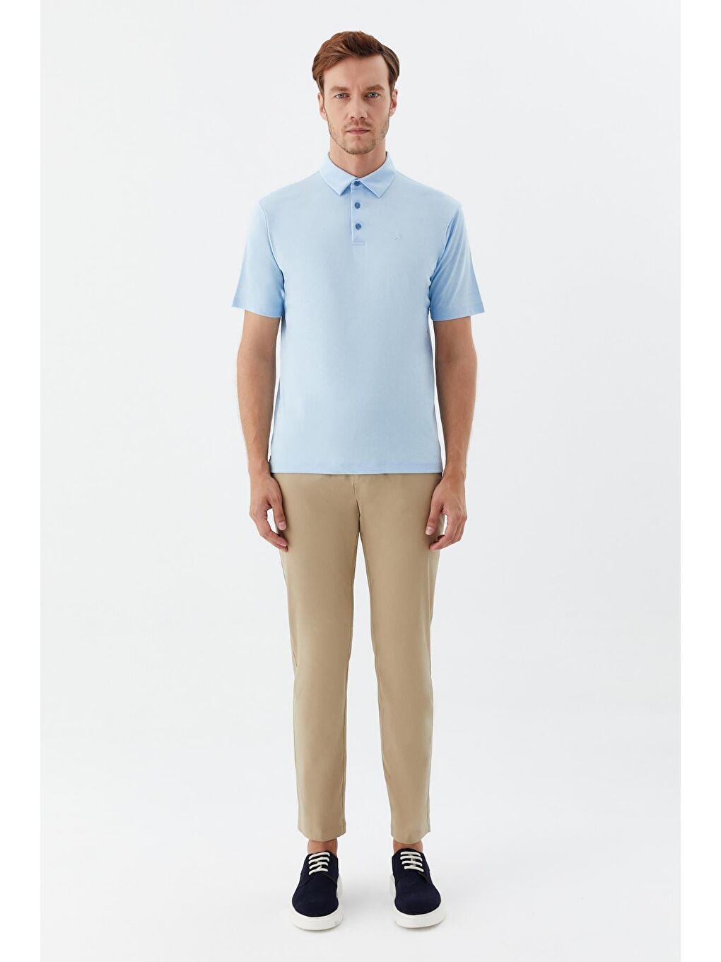 Erkek Mavi Dar Kesim Slim Fit Pamuklu Dokuma Polo Yaka Tişört-1