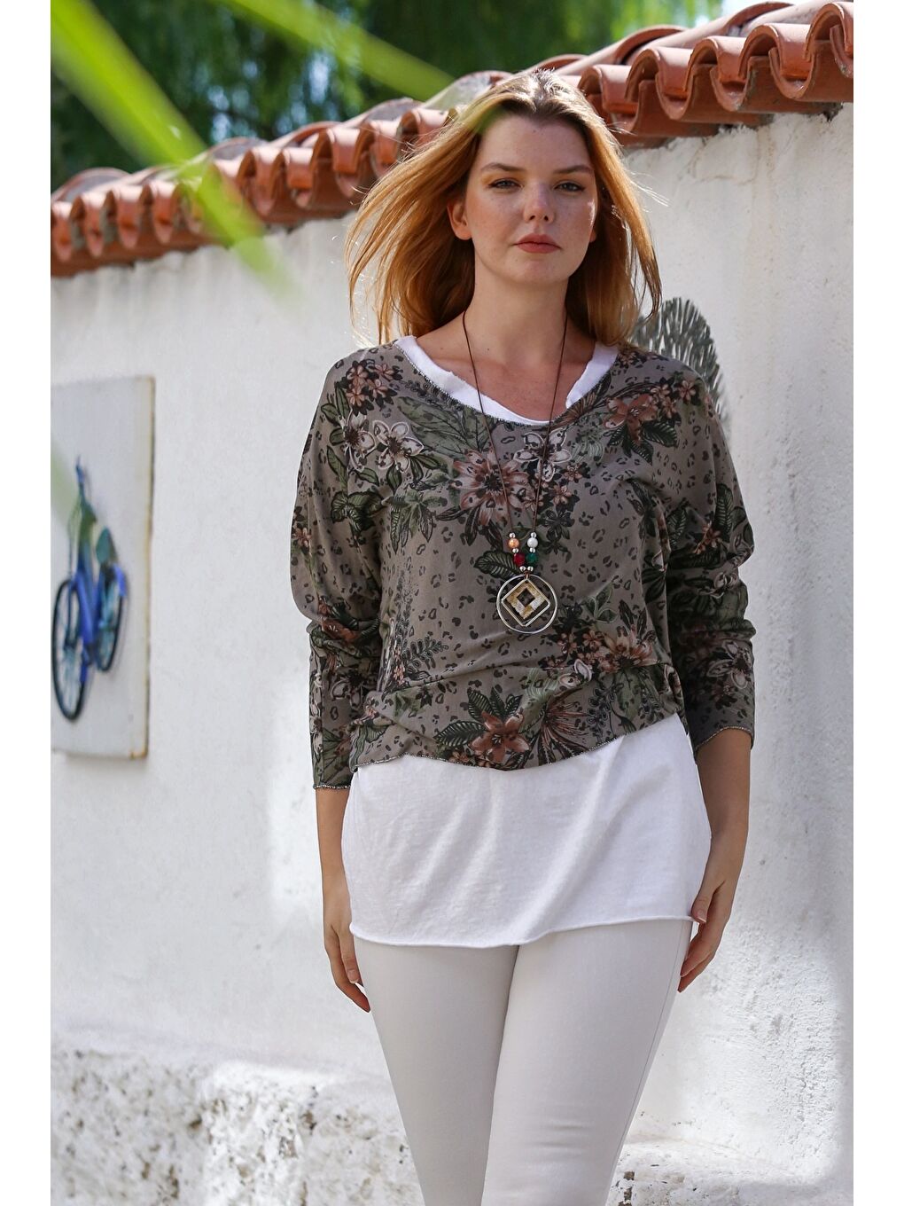 Bej İtalyan Vizon Havuz Yaka Uzun Kol Desenli İnce İkili Set İçi Kolsuz Penye Triko Bluz 70 60-4