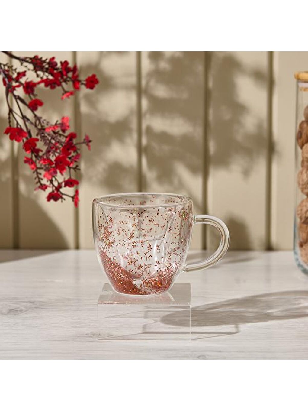 Renksiz Simli Çift Cidarlı Bardak - Şeffaf - 150 ml