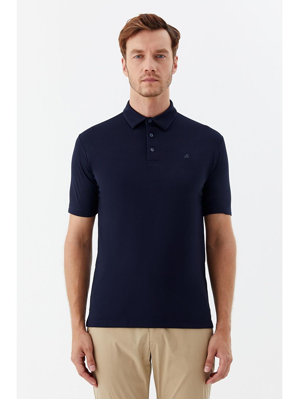 Erkek Lacivert Dar Kesim Slim Fit Pamuklu Dokuma Düğmeli Polo Yaka Tişört