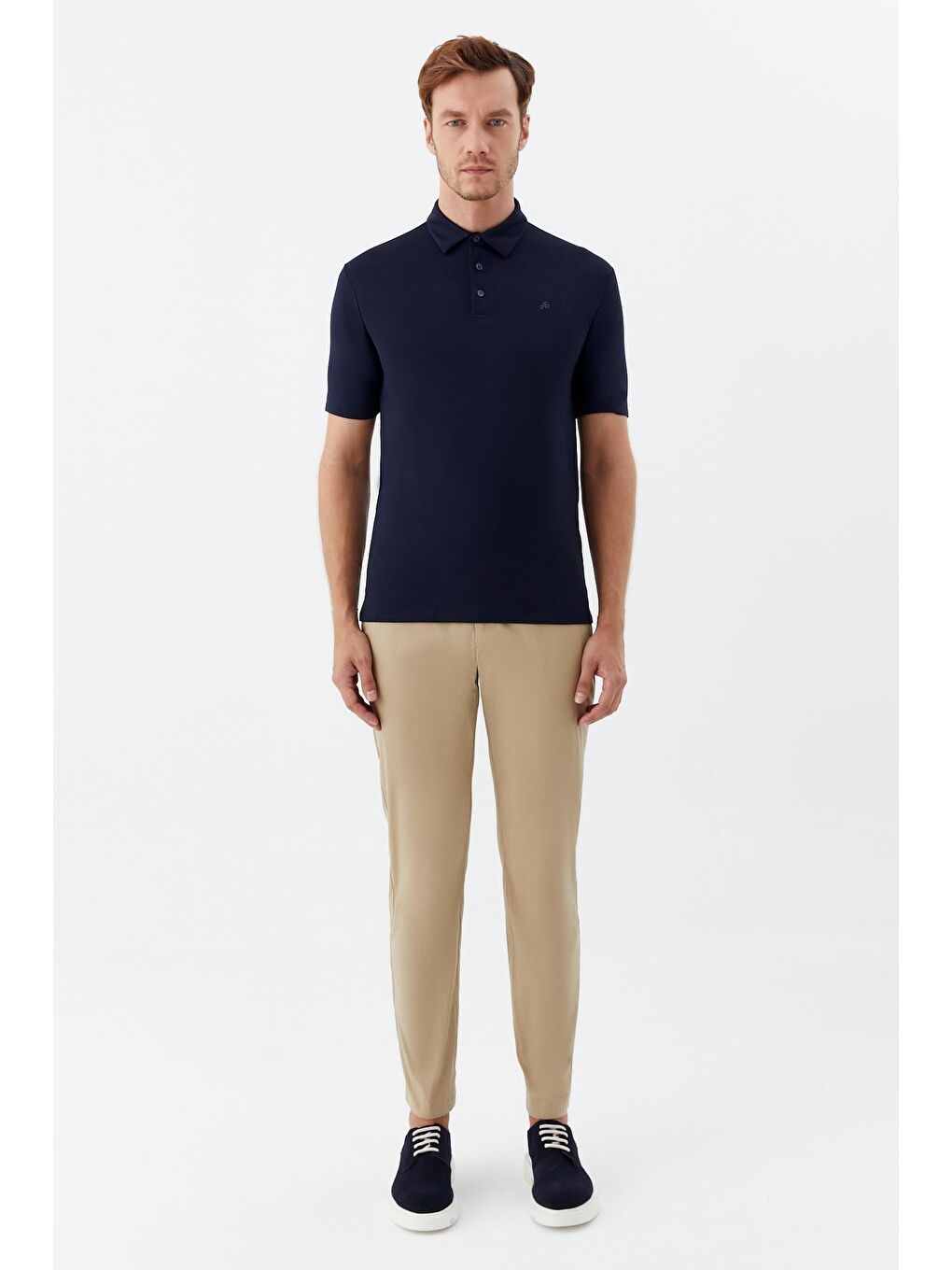 Erkek Lacivert Dar Kesim Slim Fit Pamuklu Dokuma Düğmeli Polo Yaka Tişört-1