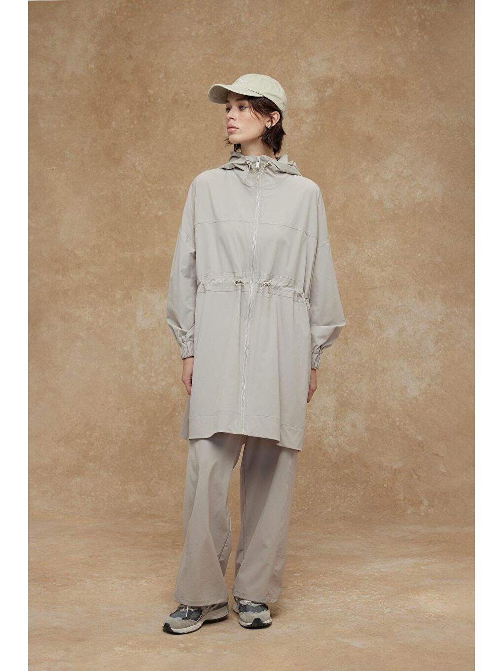 Bej Oversize Hafif Kapüşonlu Ceket Taş-1