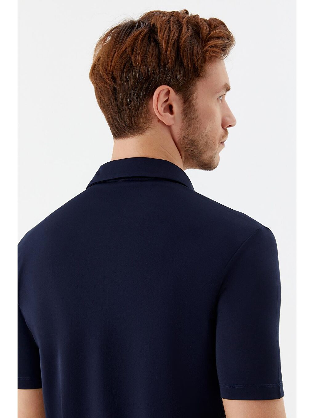 Erkek Lacivert Dar Kesim Slim Fit Pamuklu Dokuma Düğmeli Polo Yaka Tişört-5