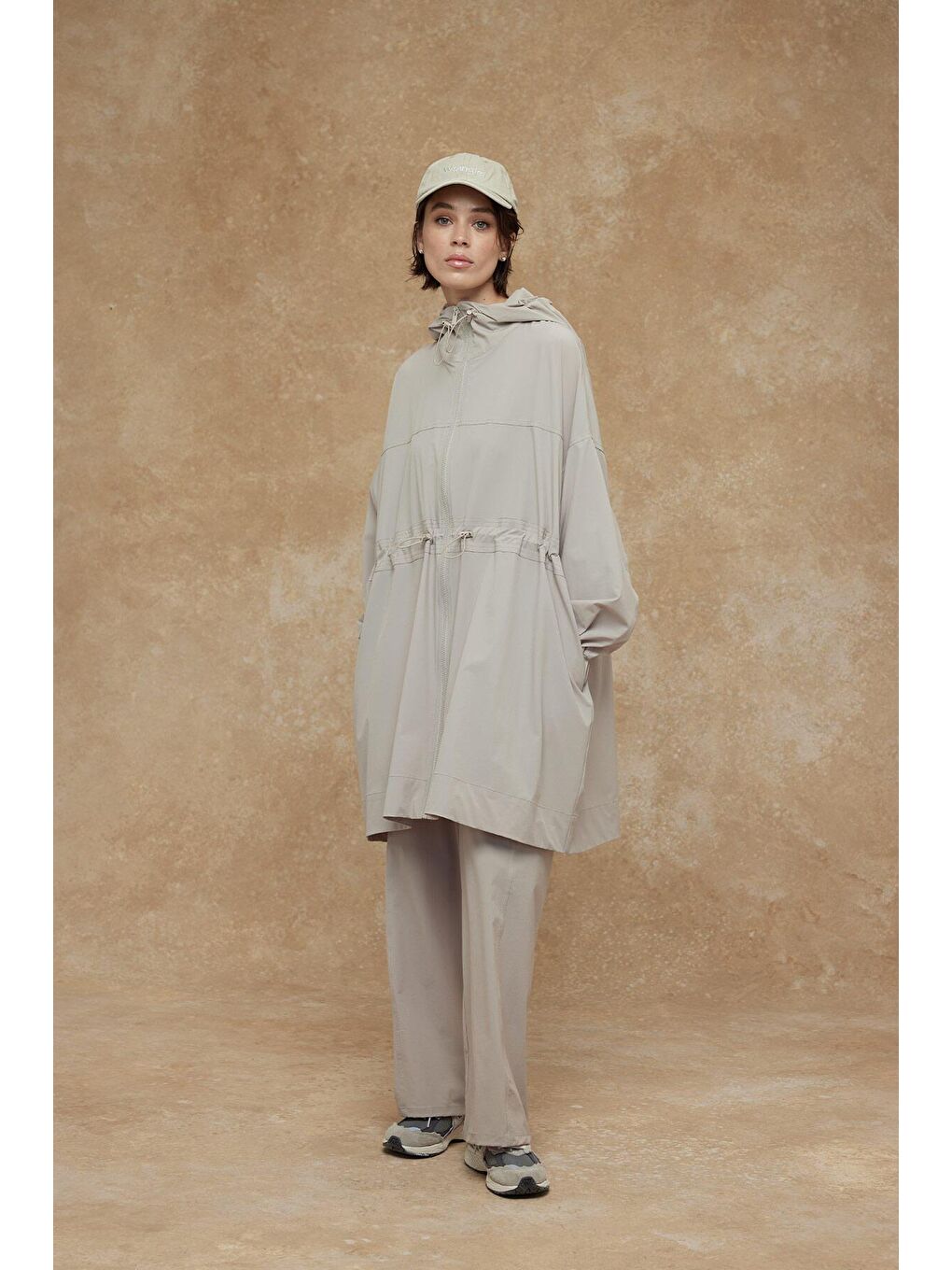 Bej Oversize Hafif Kapüşonlu Ceket Taş-2