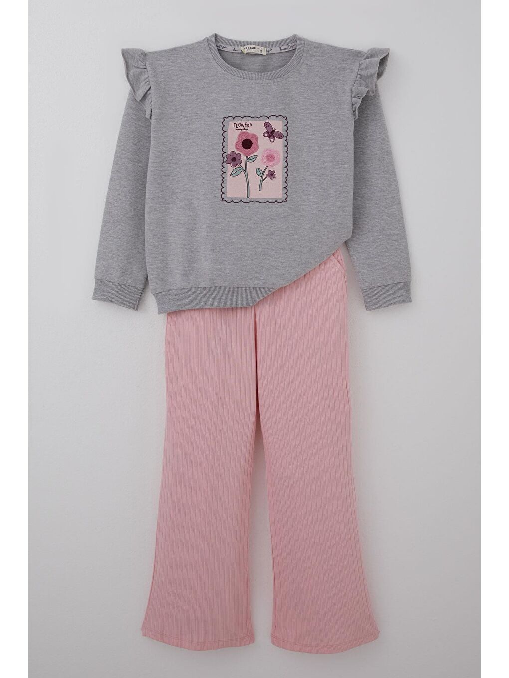 Kız Çocuk Eşofman Takımı Kelebek Dokunuşu Çiçek Bahçesi Gri Melanj (4-8 Yaş)-1