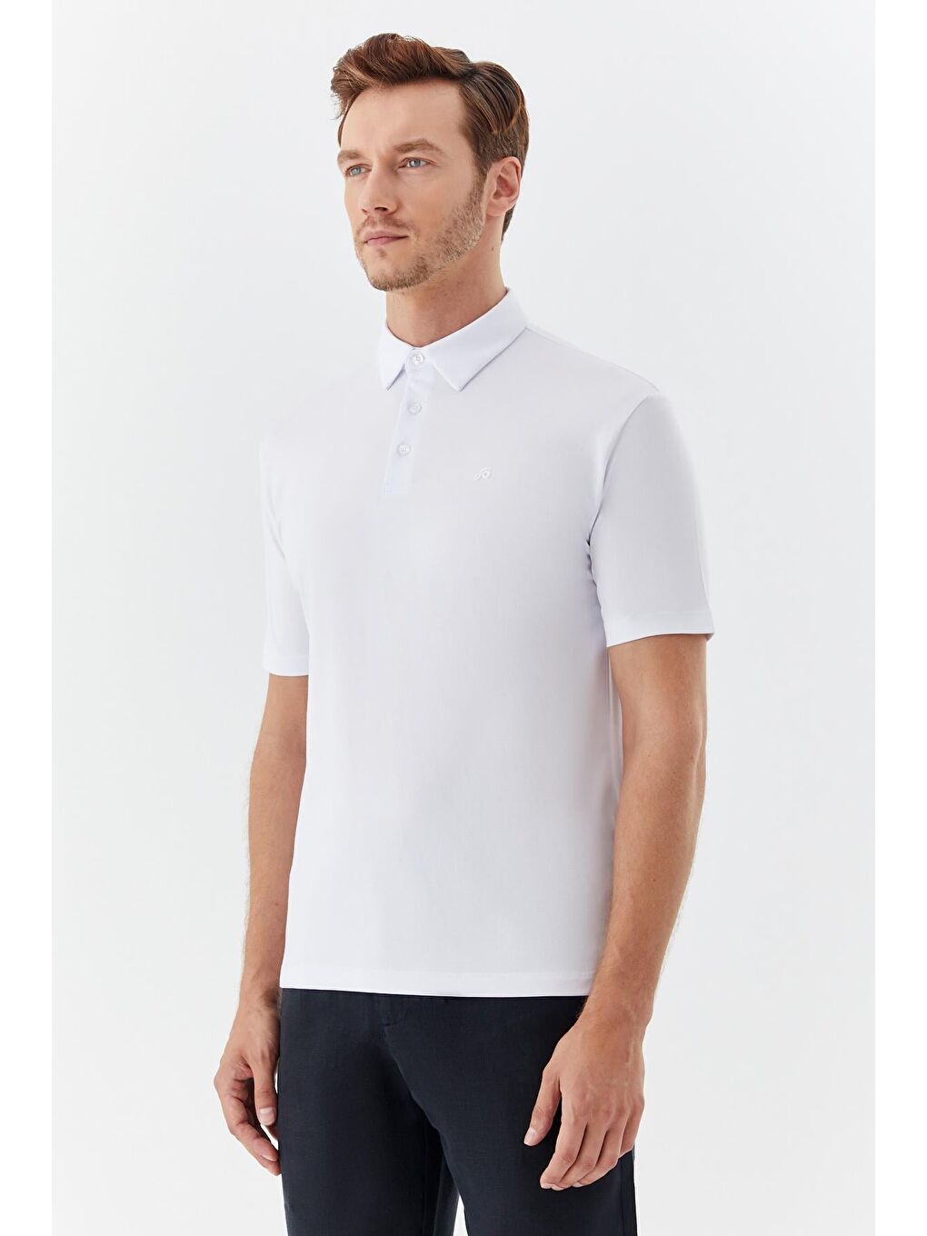 Erkek Beyaz Dar Kesim Slim Fit Pamuklu Dokuma Düğmeli Polo Yaka Tişört-2