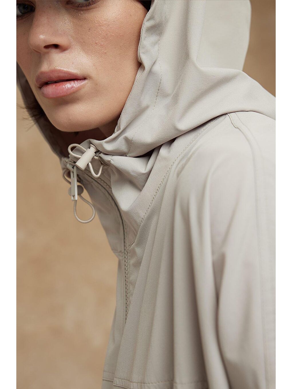 Bej Oversize Hafif Kapüşonlu Ceket Taş-3