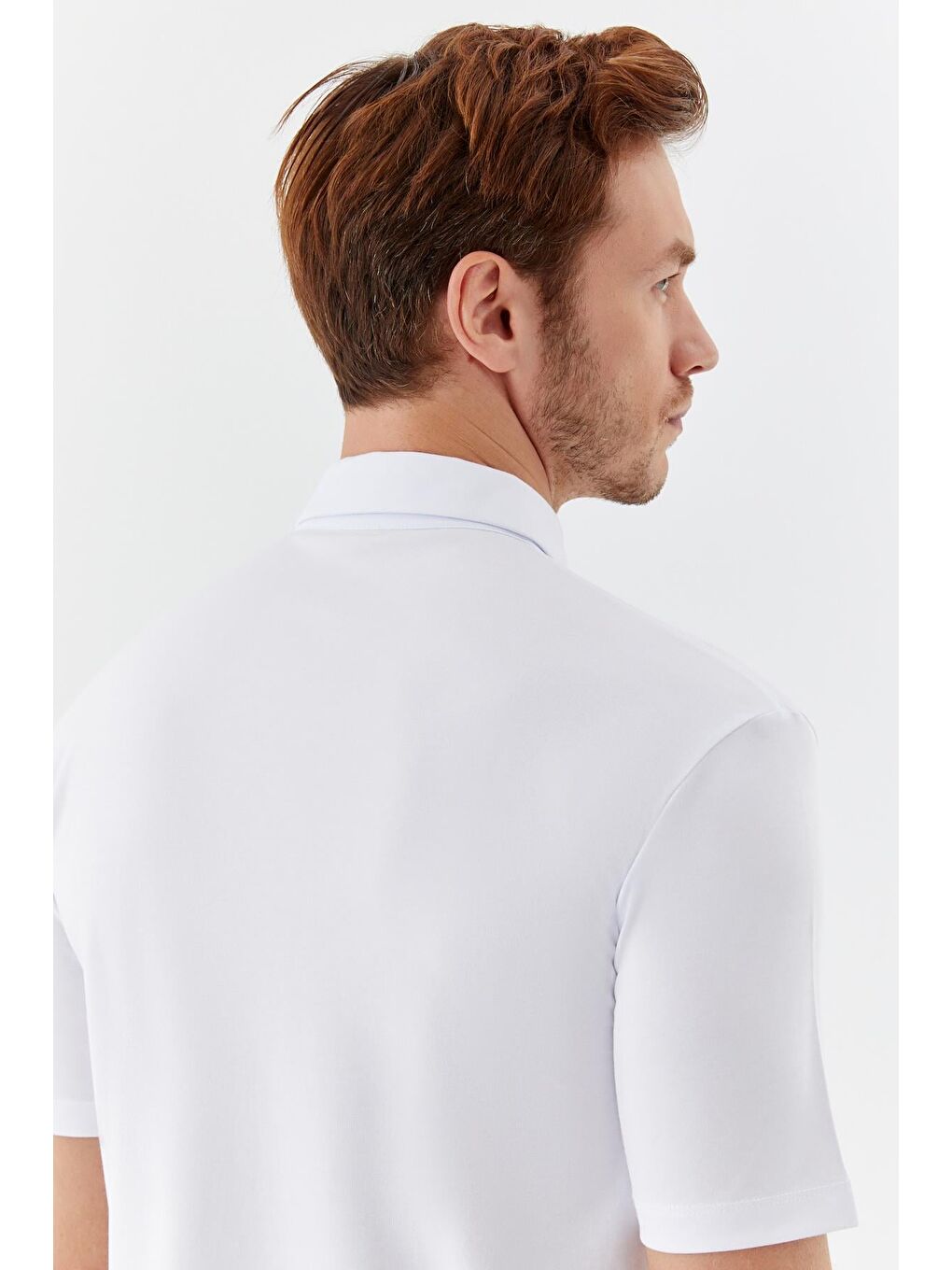 Erkek Beyaz Dar Kesim Slim Fit Pamuklu Dokuma Düğmeli Polo Yaka Tişört-5