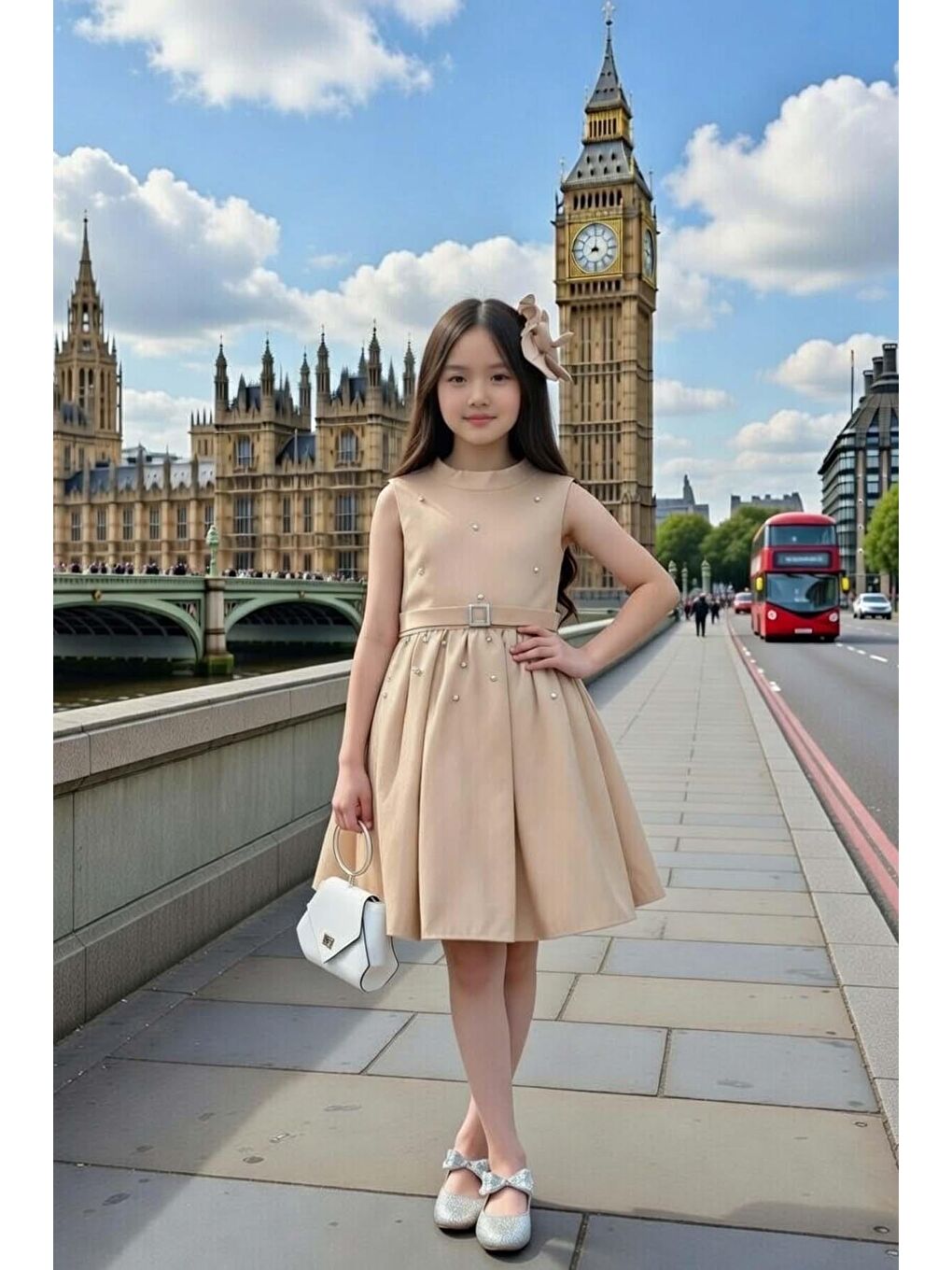 Kız Çocuk Sırt Bağlamalı Halter Yaka Elmas Taş Detaylı Kolsuz Bej Elbise-1