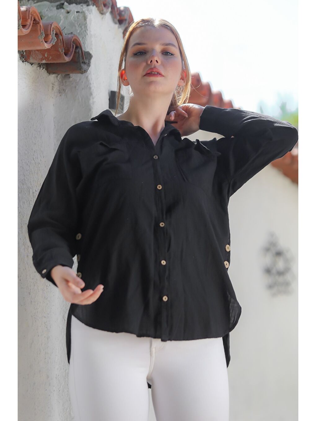 Organik Pamuk Siyah Gömlek Yaka Uzun Kol Çift Kapaklı Cepli Arkası Uzun Dokuma Gömlek 70 65-3