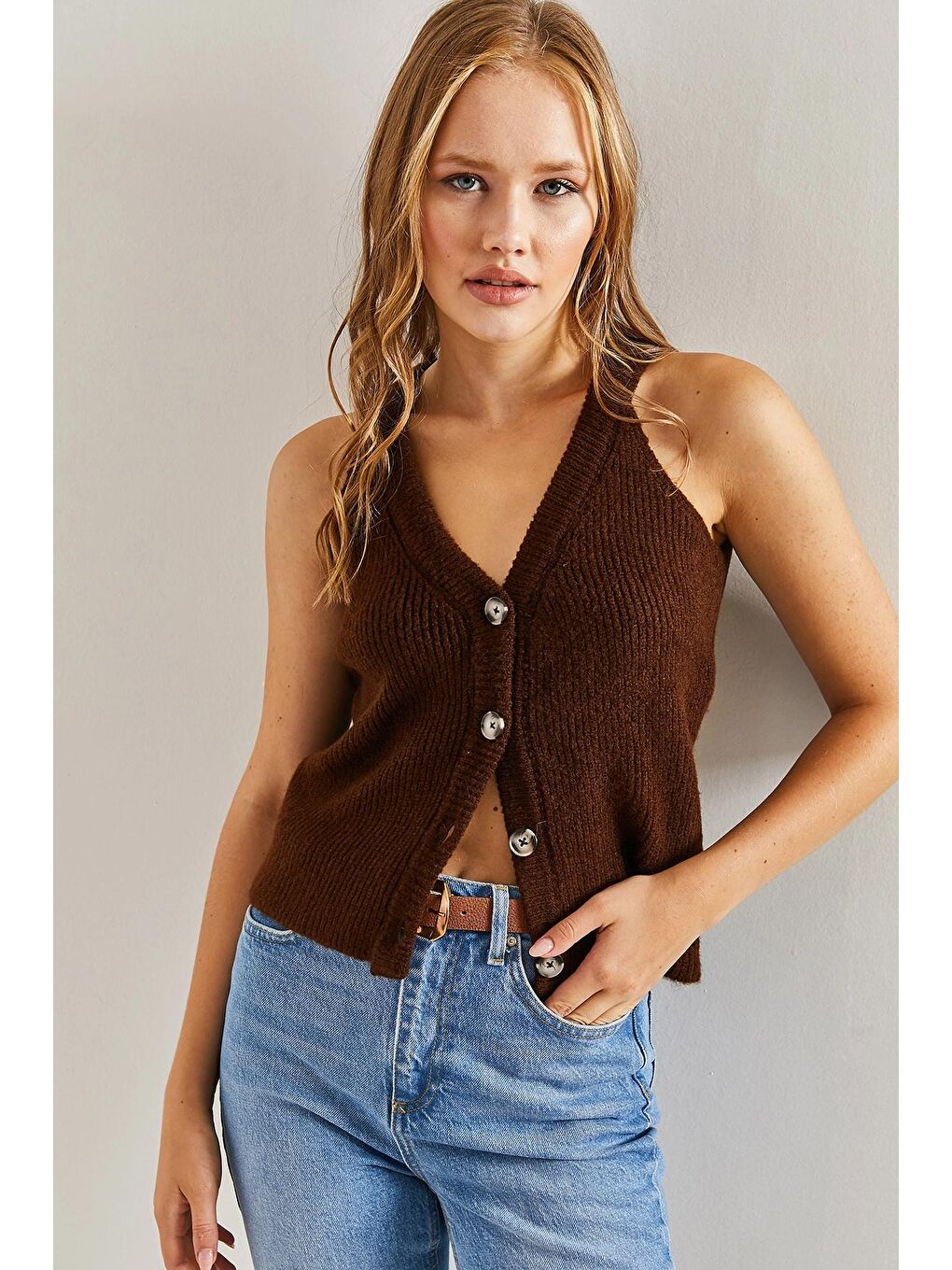 Kahverengi Kadın Düğmeli Triko Hırka-3