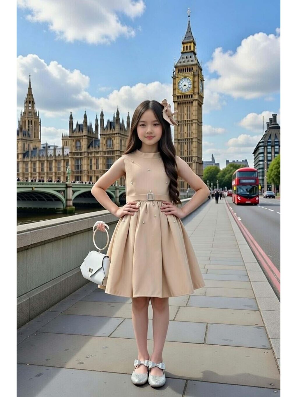 Kız Çocuk Sırt Bağlamalı Halter Yaka Elmas Taş Detaylı Kolsuz Bej Elbise-2