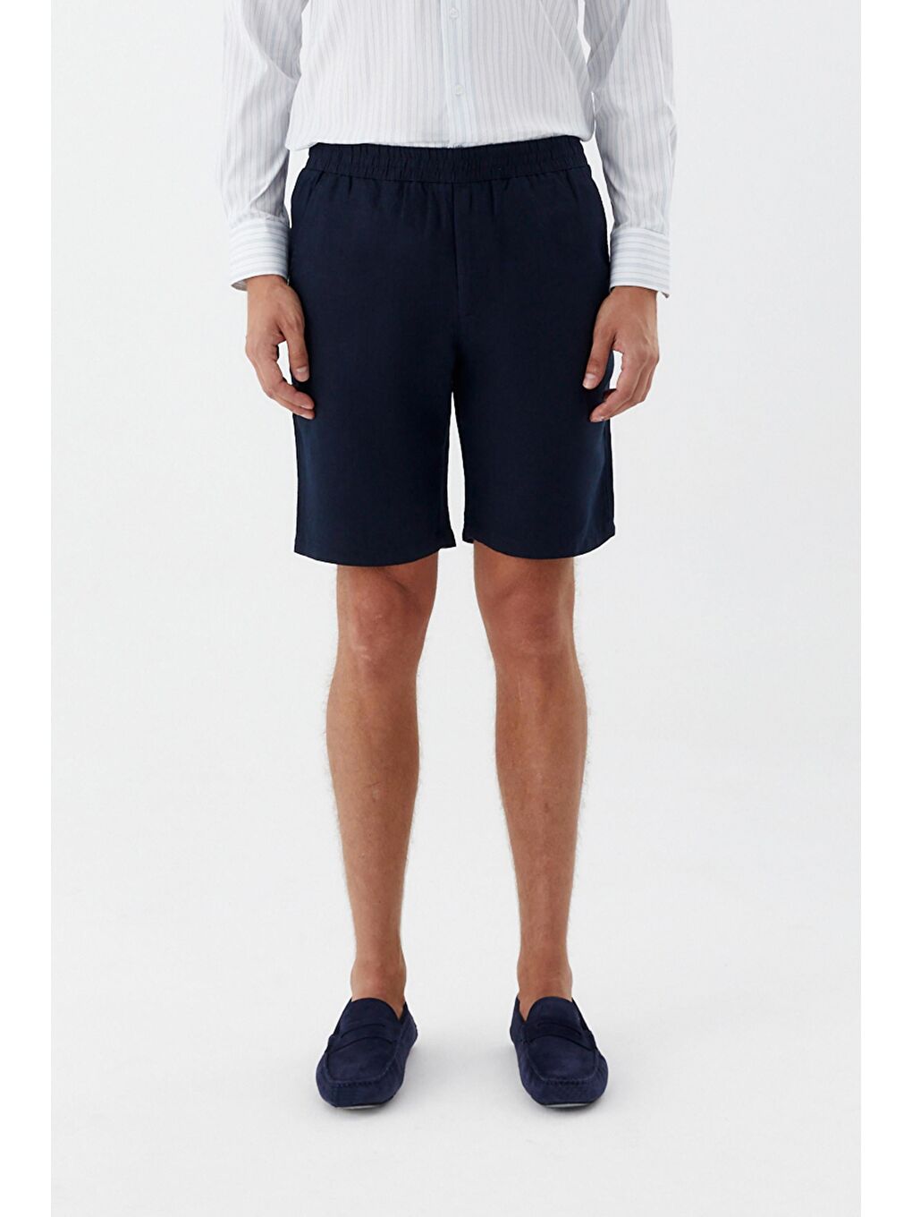 Erkek Koyu Lacivert Bermuda Şort – %100 Keten, Lastikli Bel