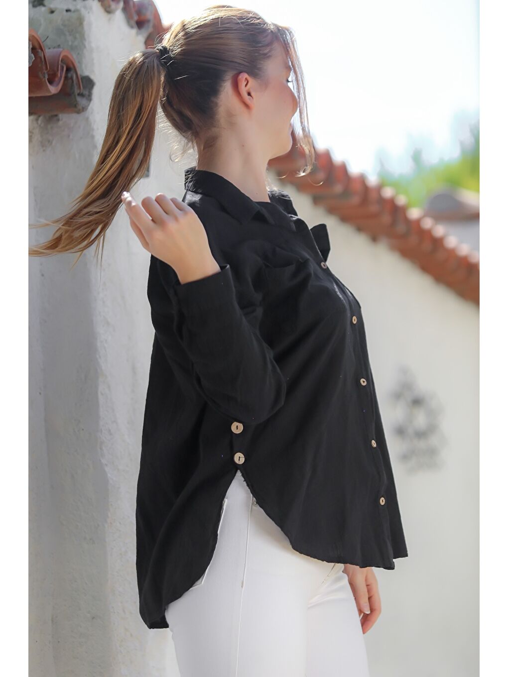 Organik Pamuk Siyah Gömlek Yaka Uzun Kol Çift Kapaklı Cepli Arkası Uzun Dokuma Gömlek 70 65-6