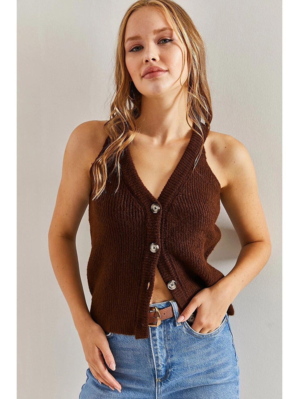 Kahverengi Kadın Düğmeli Triko Hırka-4