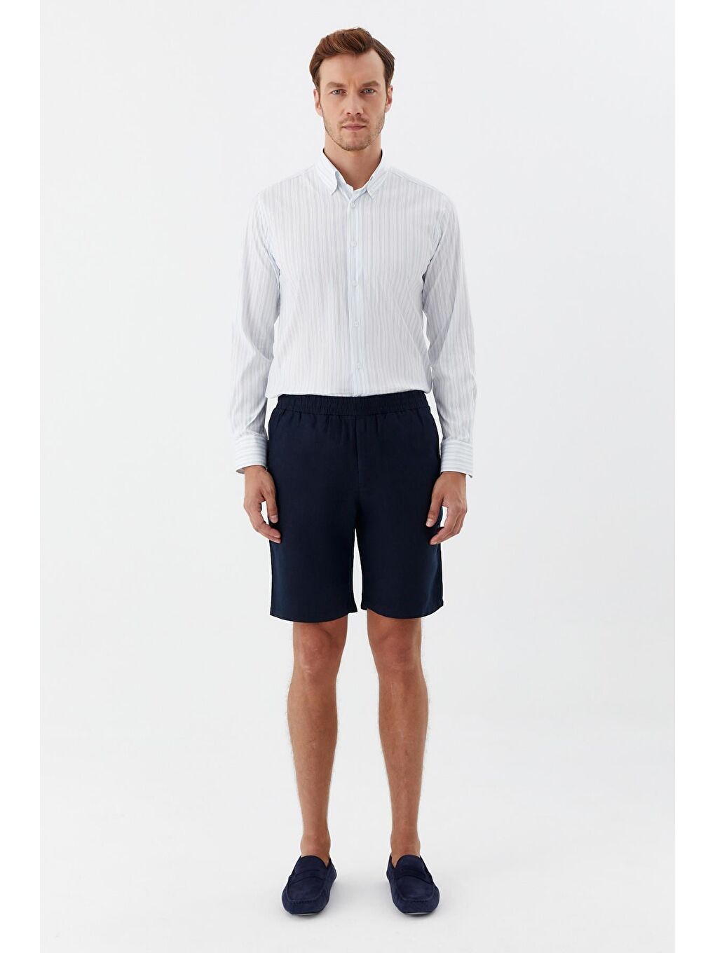 Erkek Koyu Lacivert Bermuda Şort – %100 Keten, Lastikli Bel-1