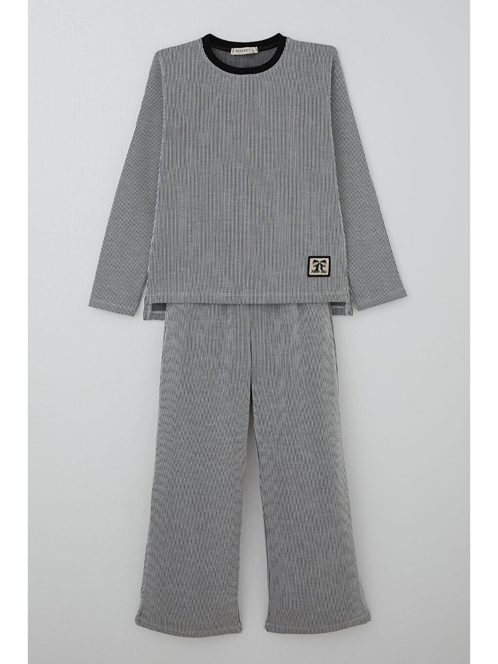 Kız Çocuk Pantolonlu Takım Fiyonk Aksesuarlı Taşlı Arma Detaylı Gri (4-8 Yaş)-1