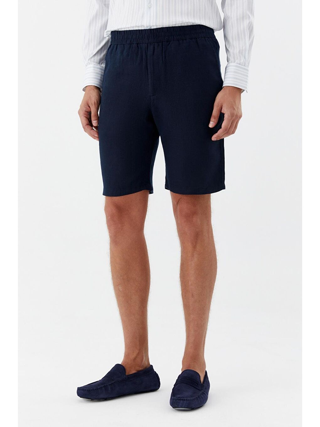 Erkek Koyu Lacivert Bermuda Şort – %100 Keten, Lastikli Bel-2