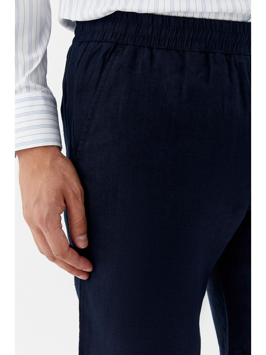 Erkek Koyu Lacivert Bermuda Şort – %100 Keten, Lastikli Bel-3