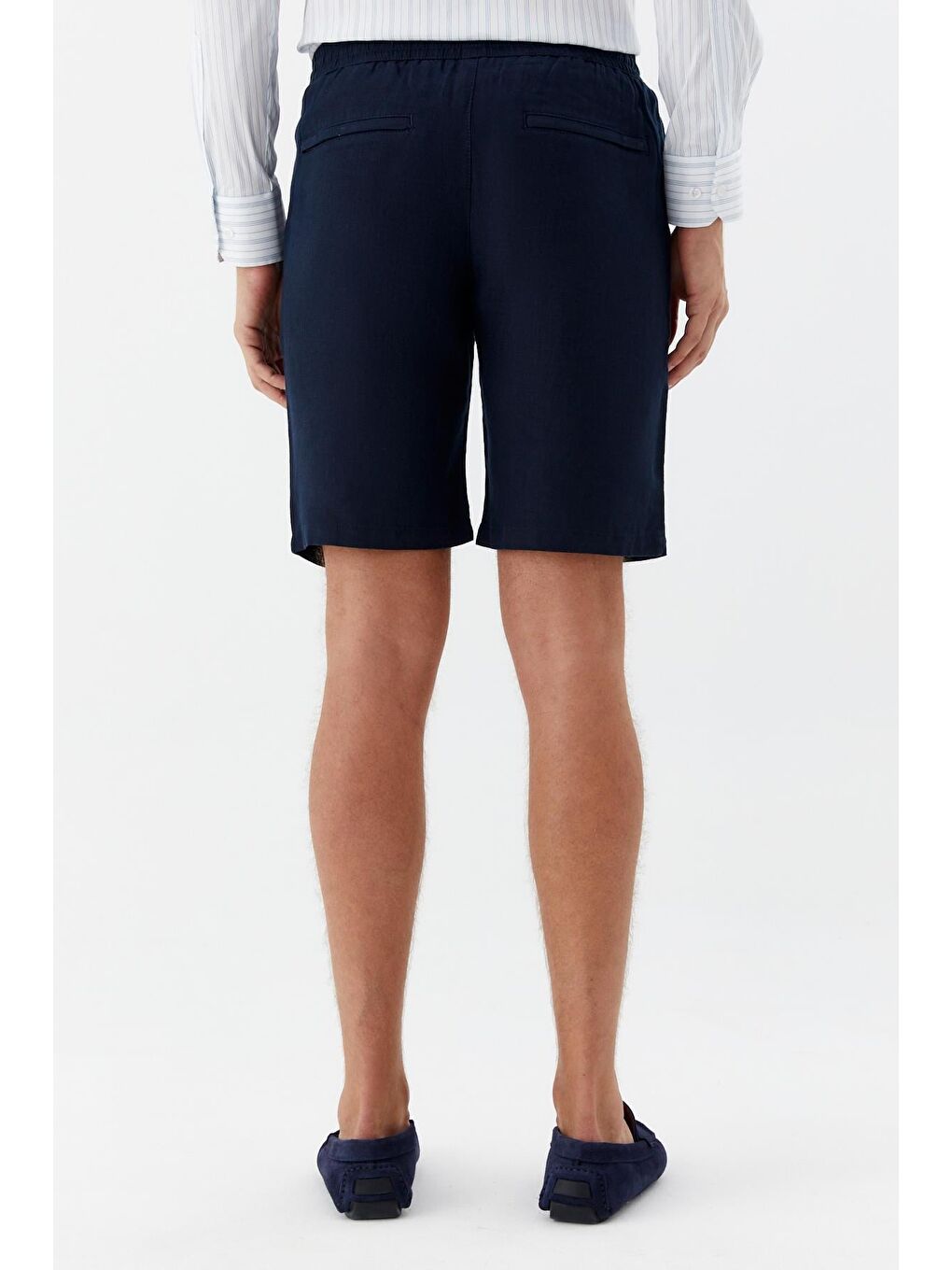 Erkek Koyu Lacivert Bermuda Şort – %100 Keten, Lastikli Bel-4