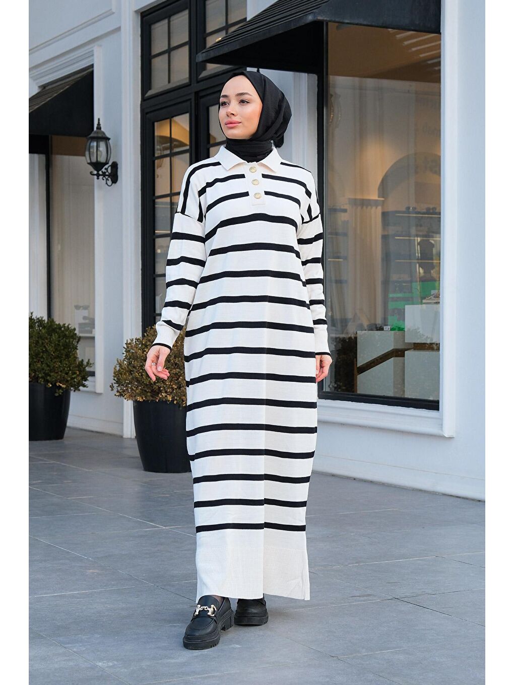 Polo Yaka Çizgili Elbise Beyaz-1