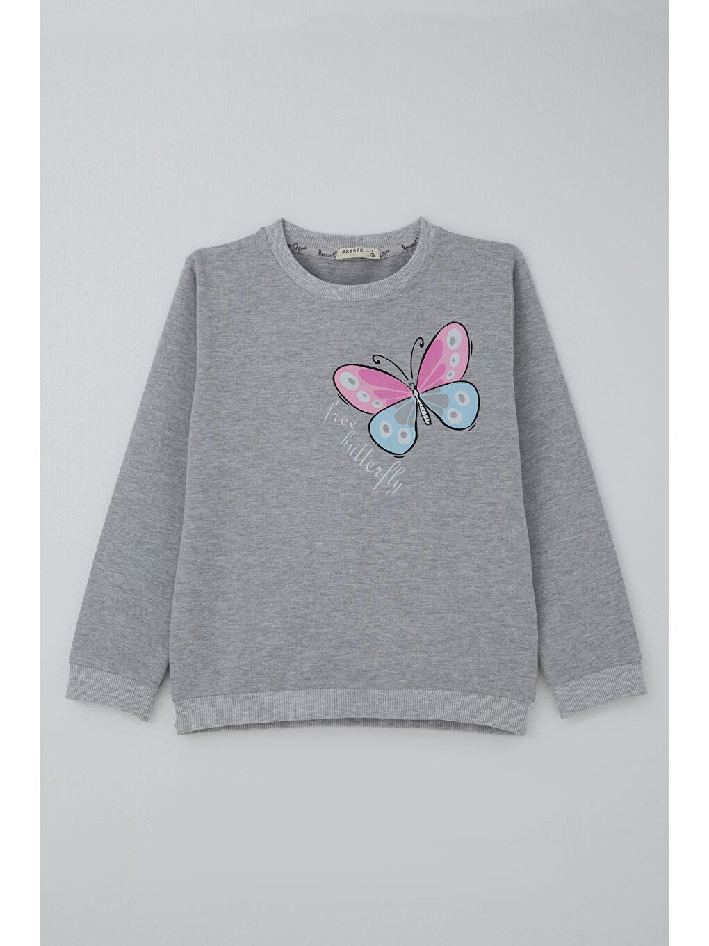 Kız Çocuk Eşofman Takımı Kelebek Baskılı Pantolonu Çima Dikişli Açık Gri Melanj (4-8 Yaş)-1