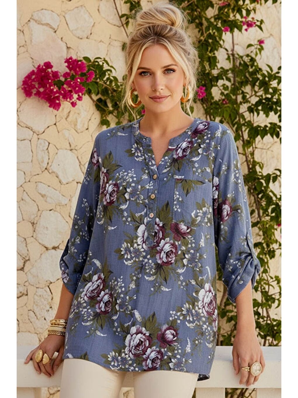 İtalyan İndigo Hakim Yaka Düğmeli 3/4 Kol Çiçekli Cepli Casual Keten Görünümlü Dokuma Bluz 75 65