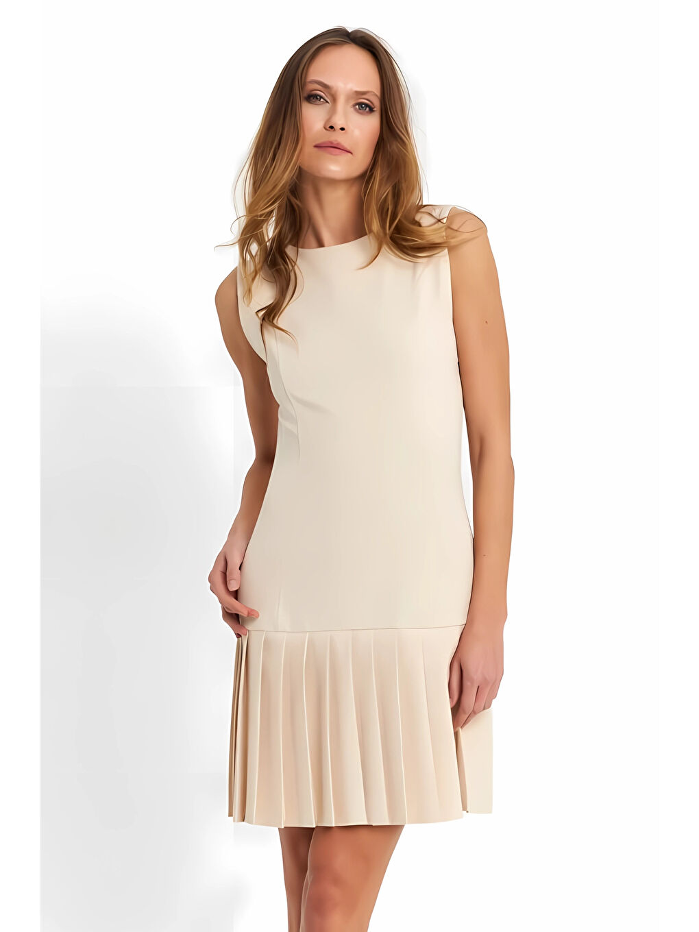 Kadın Bej İthal Dooble Kumaş Kolsuz Elbise HZL25W-FRY122651-2