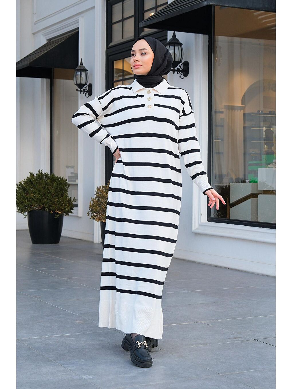 Polo Yaka Çizgili Elbise Beyaz-2