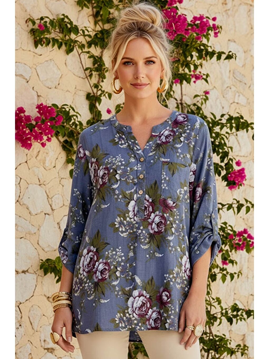 İtalyan İndigo Hakim Yaka Düğmeli 3/4 Kol Çiçekli Cepli Casual Keten Görünümlü Dokuma Bluz 75 65-1