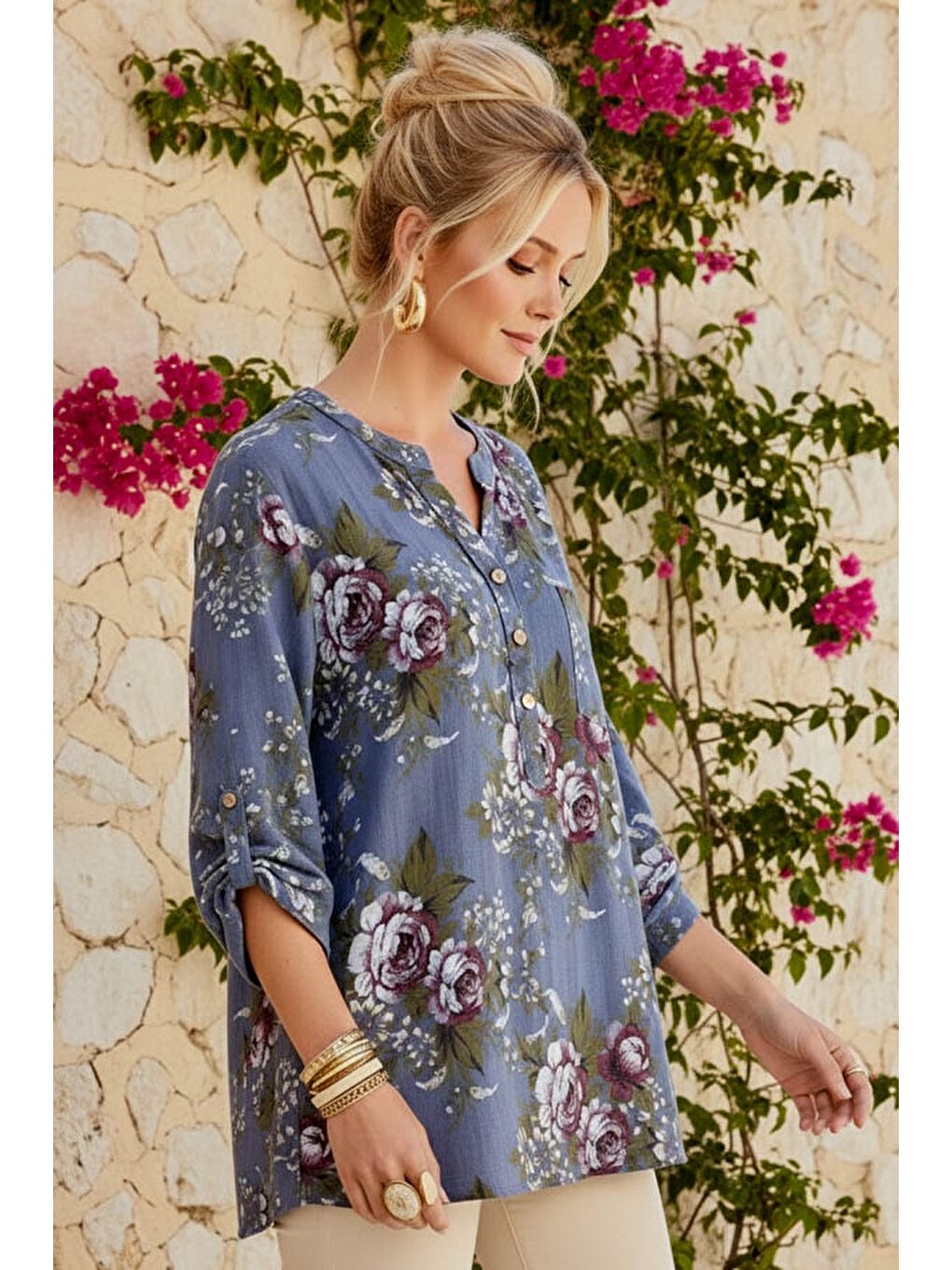 İtalyan İndigo Hakim Yaka Düğmeli 3/4 Kol Çiçekli Cepli Casual Keten Görünümlü Dokuma Bluz 75 65-2