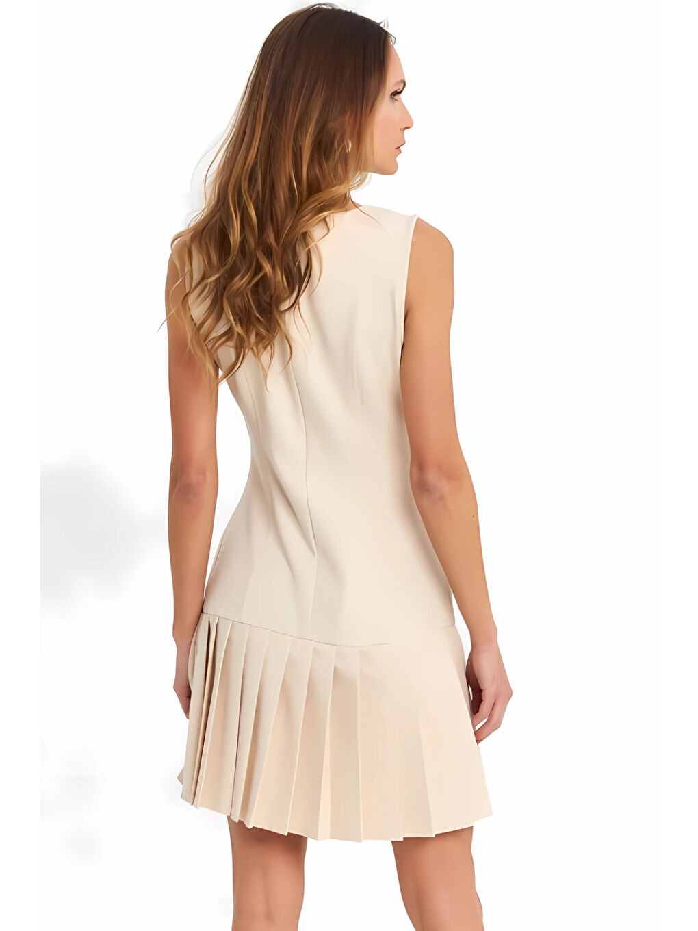 Kadın Bej İthal Dooble Kumaş Kolsuz Elbise HZL25W-FRY122651-3