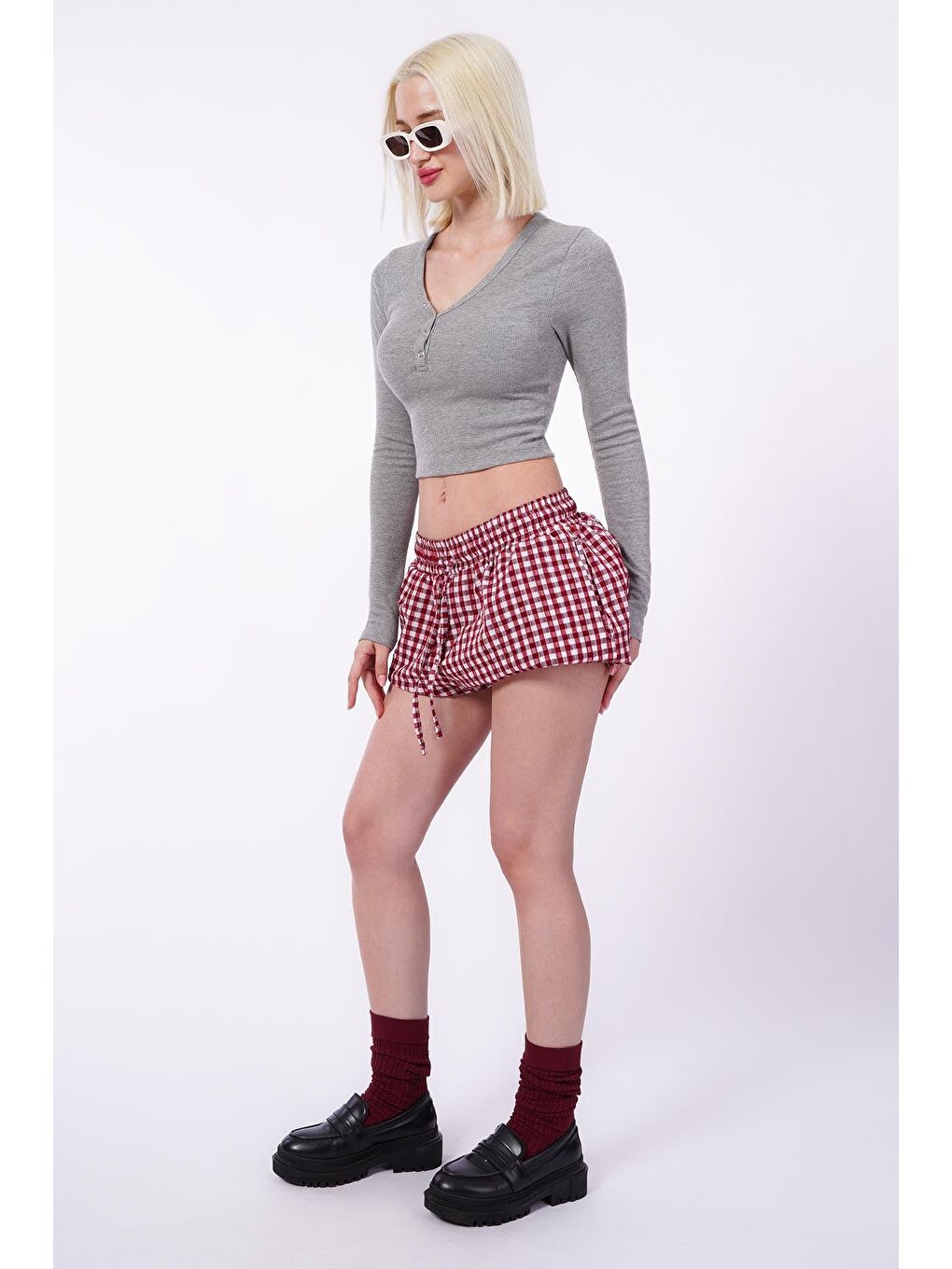 Gri V Yaka Uzun Kollu Düğme Detaylı Kaşkorse Bodysuit Mg2194-1