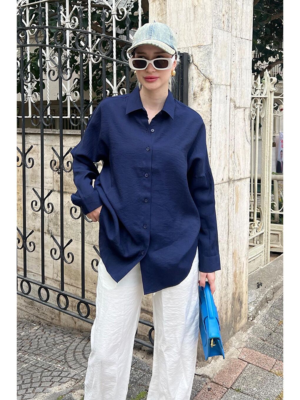 Lacivert Uzun Kollu Oversize Gömlek Mg2003-1