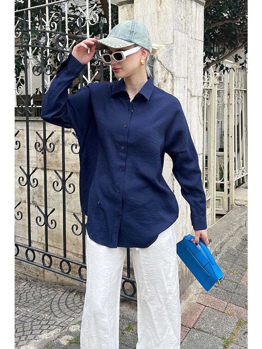 Lacivert Uzun Kollu Oversize Gömlek Mg2003-3