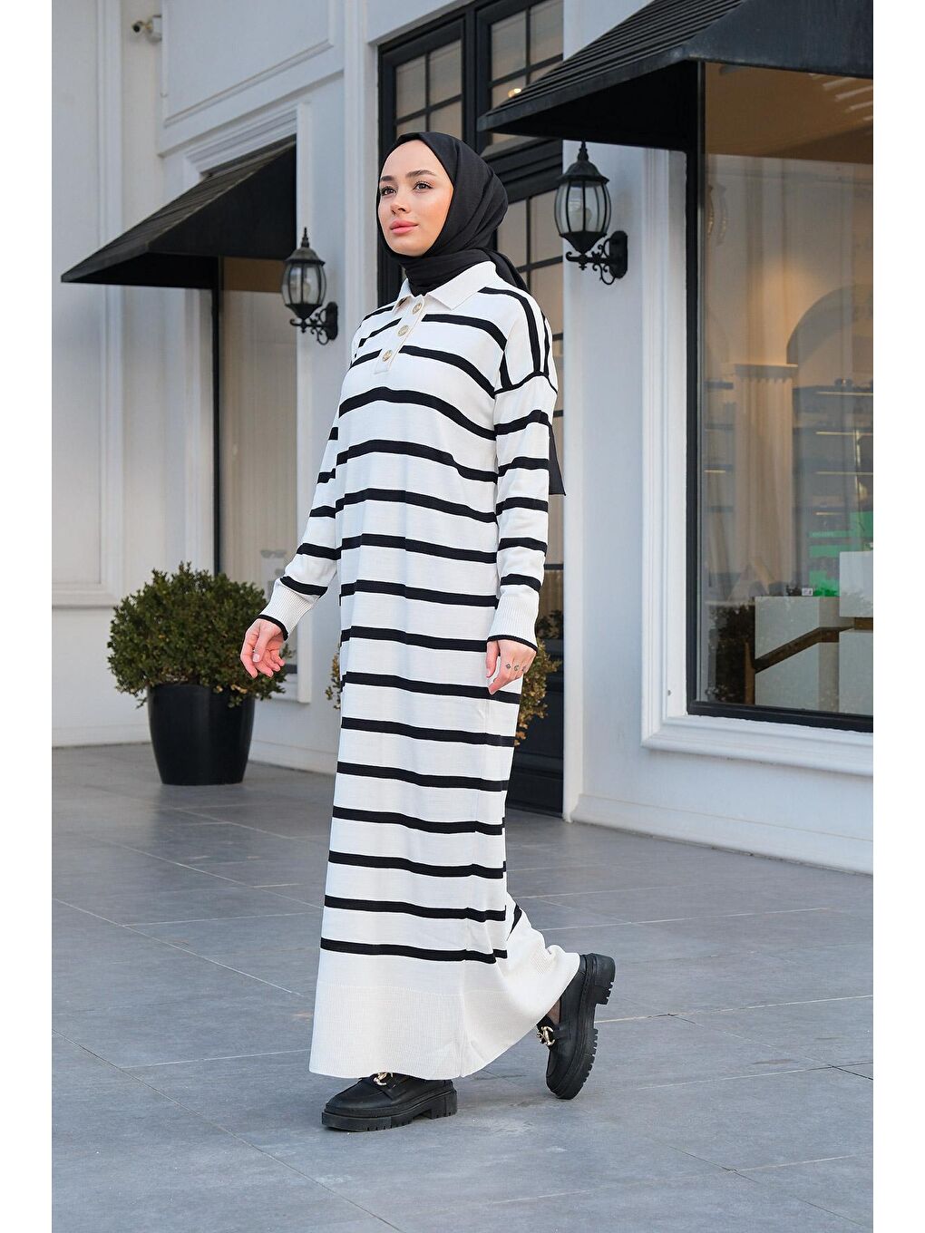 Polo Yaka Çizgili Elbise Beyaz-3