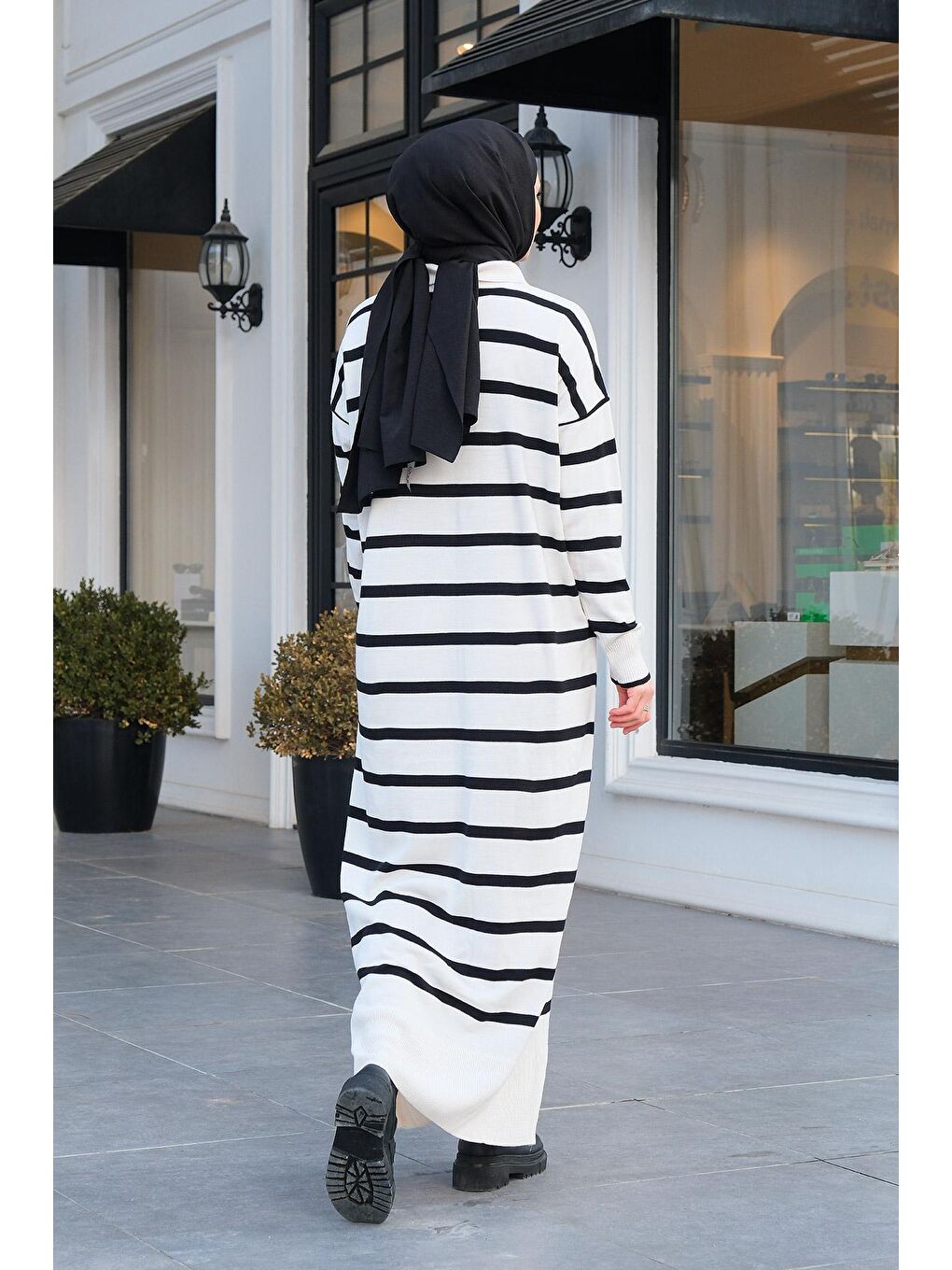 Polo Yaka Çizgili Elbise Beyaz-4