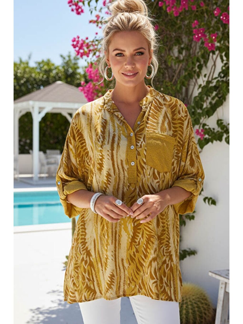 Sarı İtalyan Hardal Hakim Yaka Düğmeli 3/4 Kol Desenli Düğmeli Pullu Cepli Viskon Dokuma Bluz 72 65-1