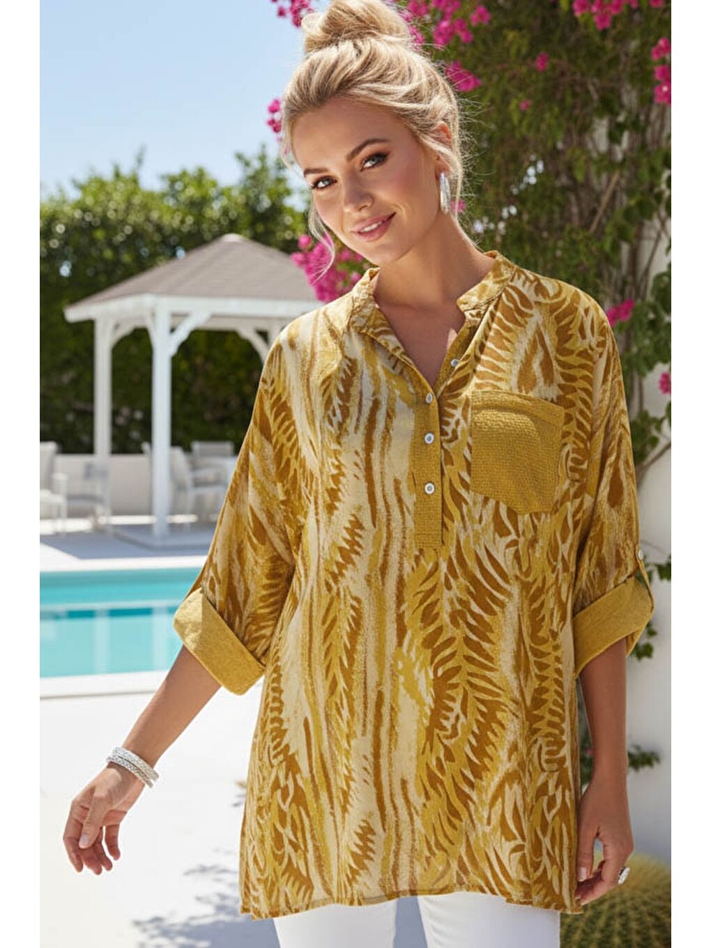 Sarı İtalyan Hardal Hakim Yaka Düğmeli 3/4 Kol Desenli Düğmeli Pullu Cepli Viskon Dokuma Bluz 72 65-2
