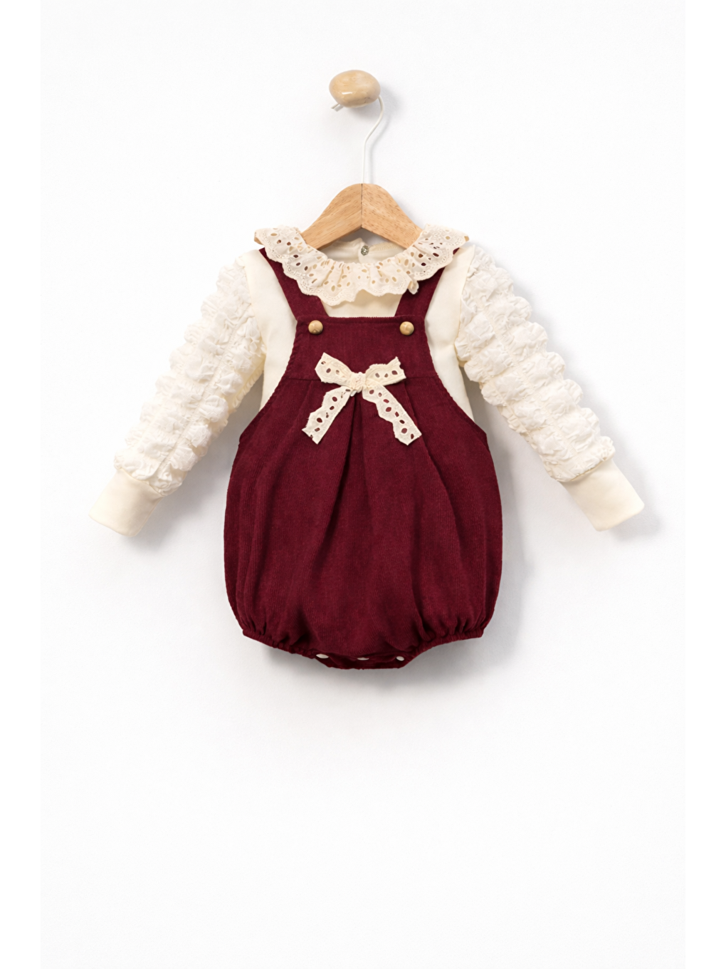 Bordo Kız Bebek 2li Romper Takımı Bayramlık Uzun Kollu Balon Kol Çıtçıtlı-1