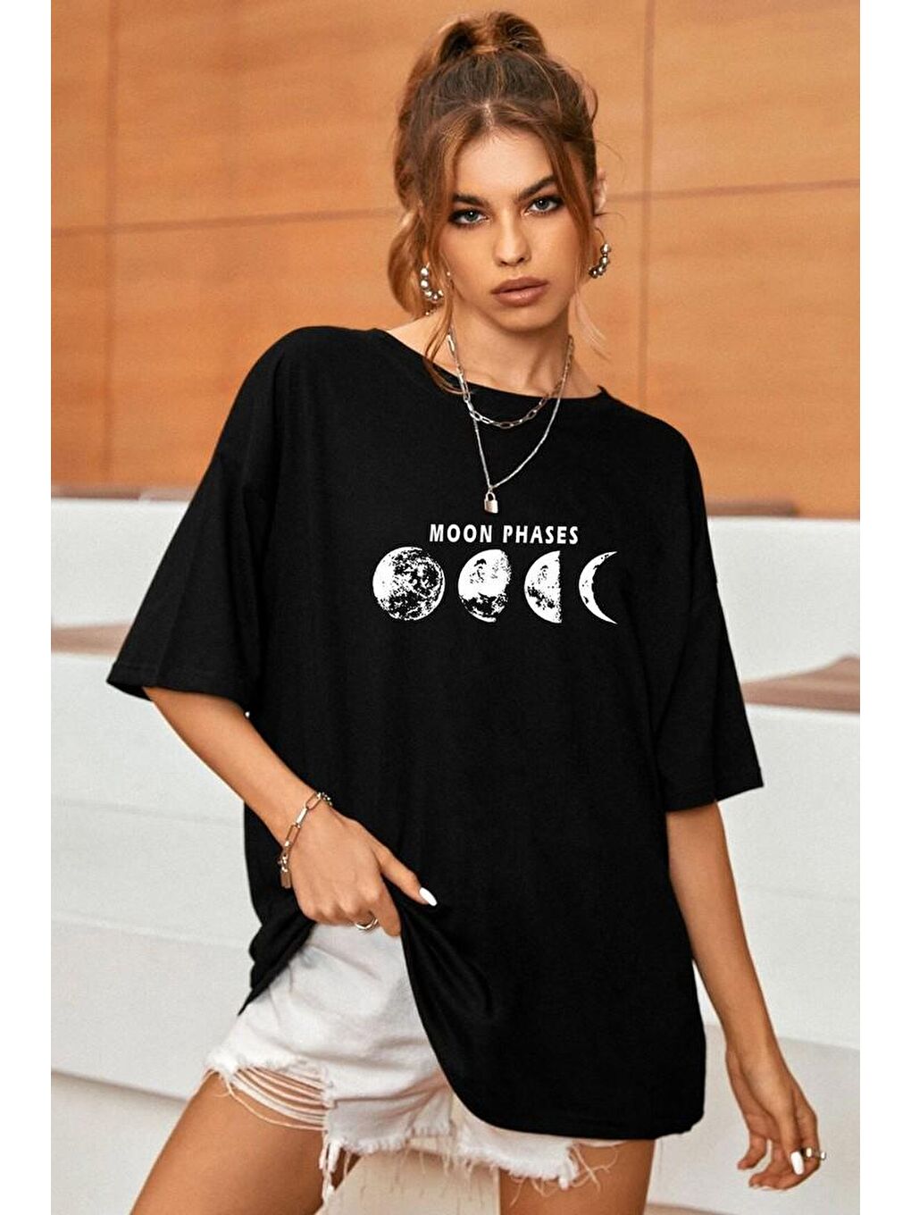 uyguntarz Siyah Unisex Moon Phases Baskılı T-shirt