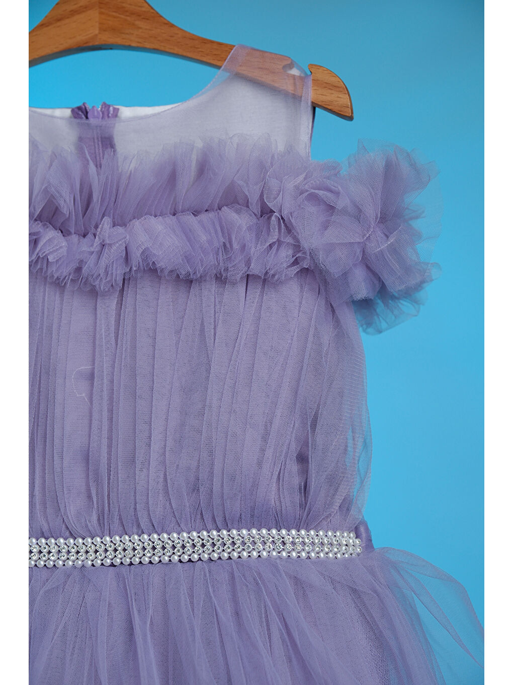 Lila Kız Çocuk Kat Kat Tüllü Kuyruklu Prenses Elbise-1