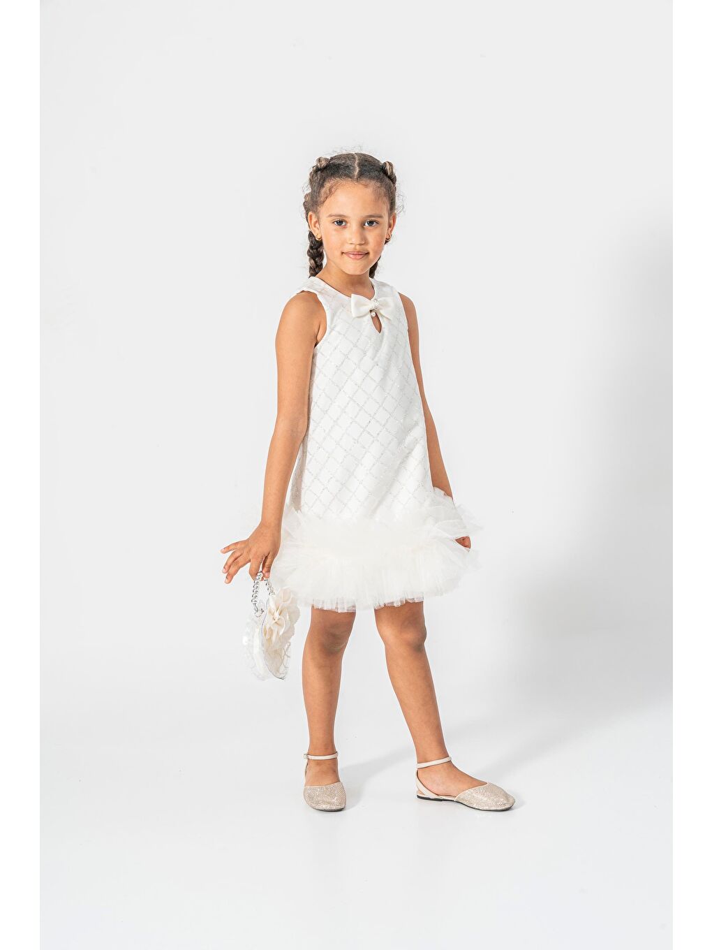 Kız Çocuk Ekru Payet İşlemeli Fiyonklu Tüllü Abiye Elbise