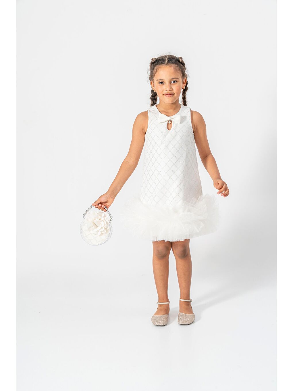 Kız Çocuk Ekru Payet İşlemeli Fiyonklu Tüllü Abiye Elbise-1