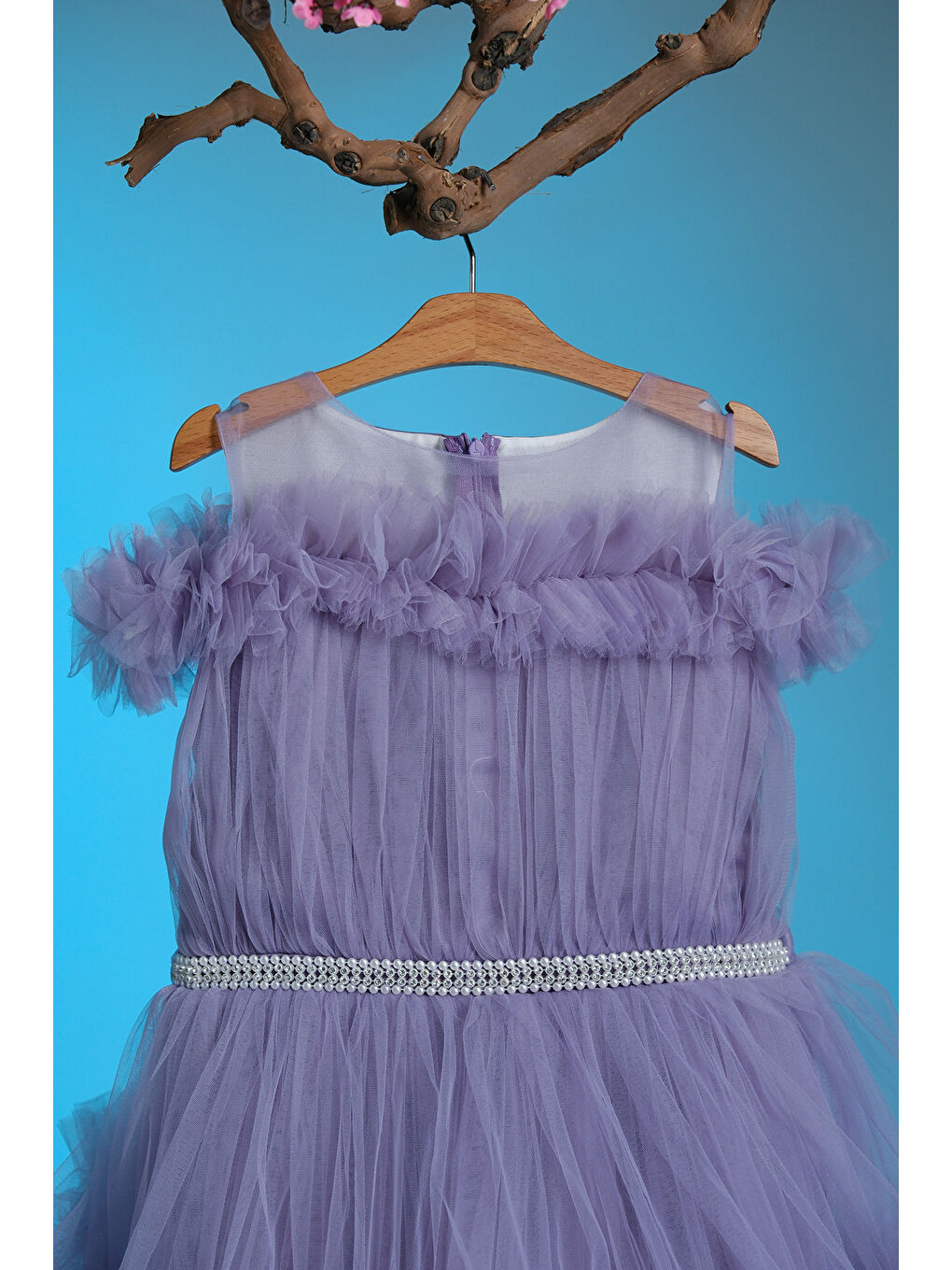 Lila Kız Çocuk Kat Kat Tüllü Kuyruklu Prenses Elbise-3